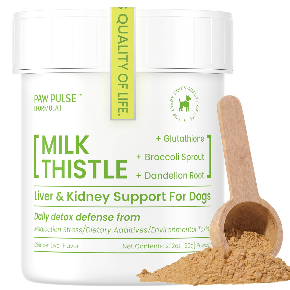 Pawpulse Formula Milk Thistle supplement for dogs, liver and kidney support powder with glutathione, broccoli sprout, and dandelion root.
