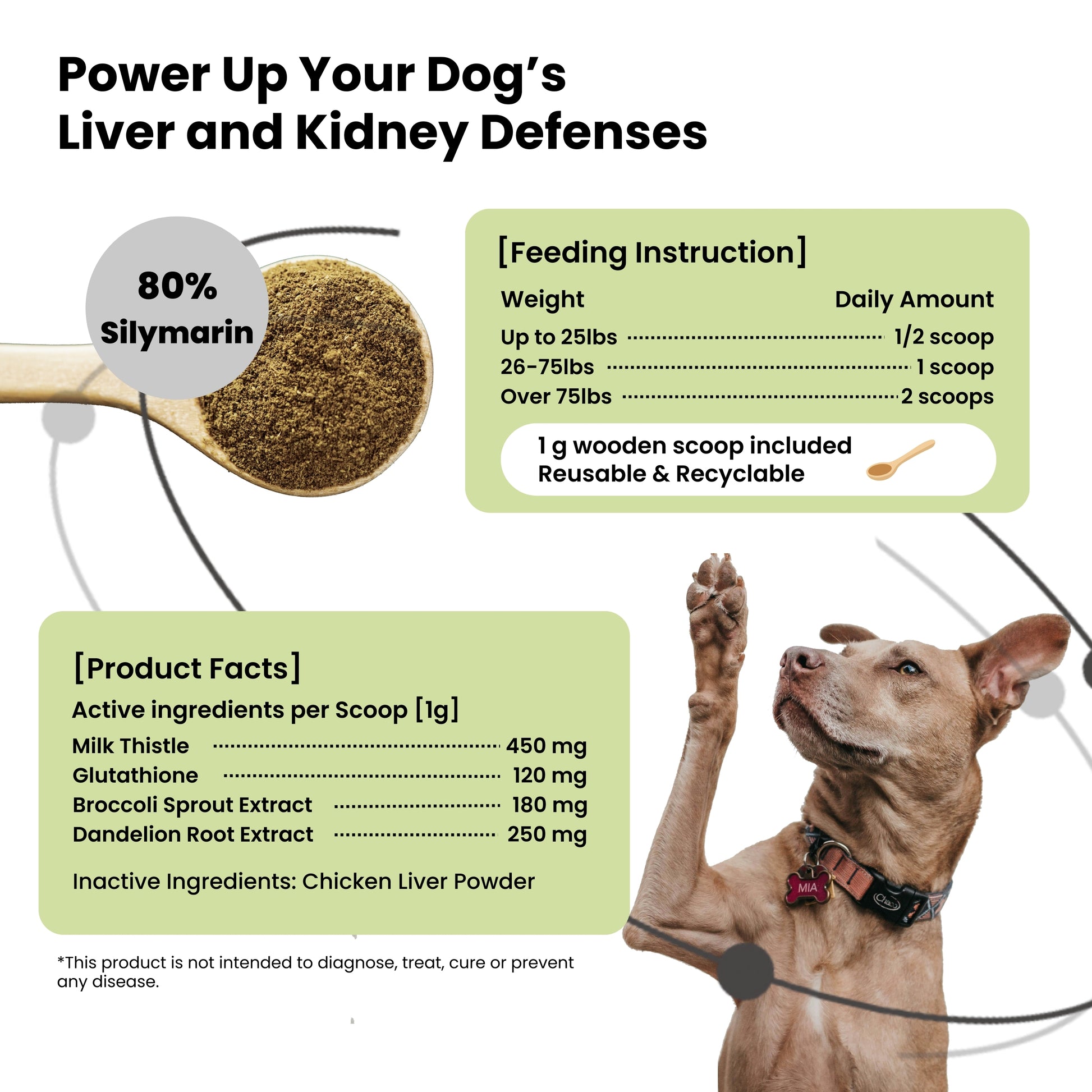 Pawpulse Formula product facts: 80% Silymarin dosage and feeding instructions for dog liver and kidney defense.