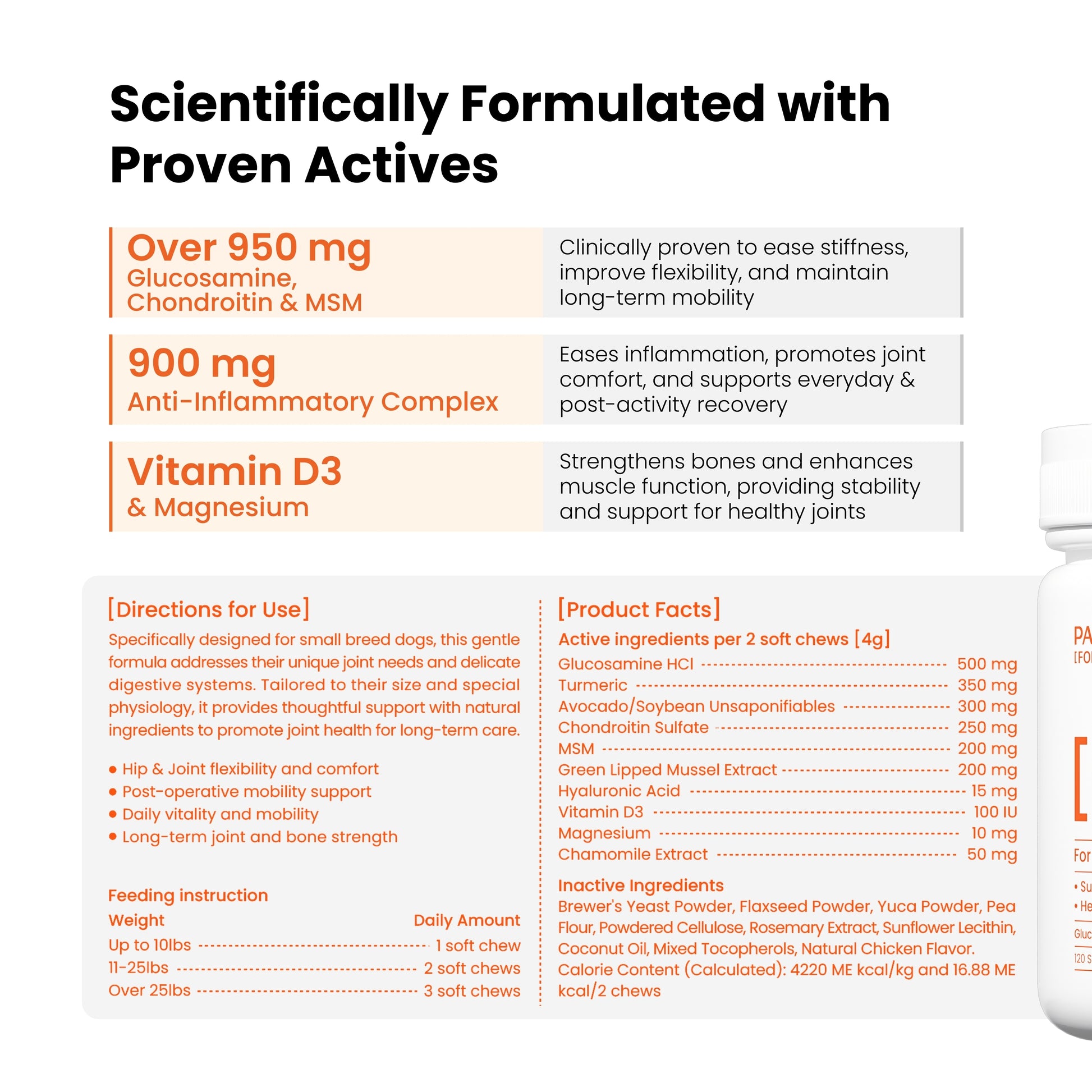 Pawpulse Formula joint supplement ingredients: therapeutic dosages of glucosamine, chondroitin, and MSM for canine hip and joint health and recovery.
