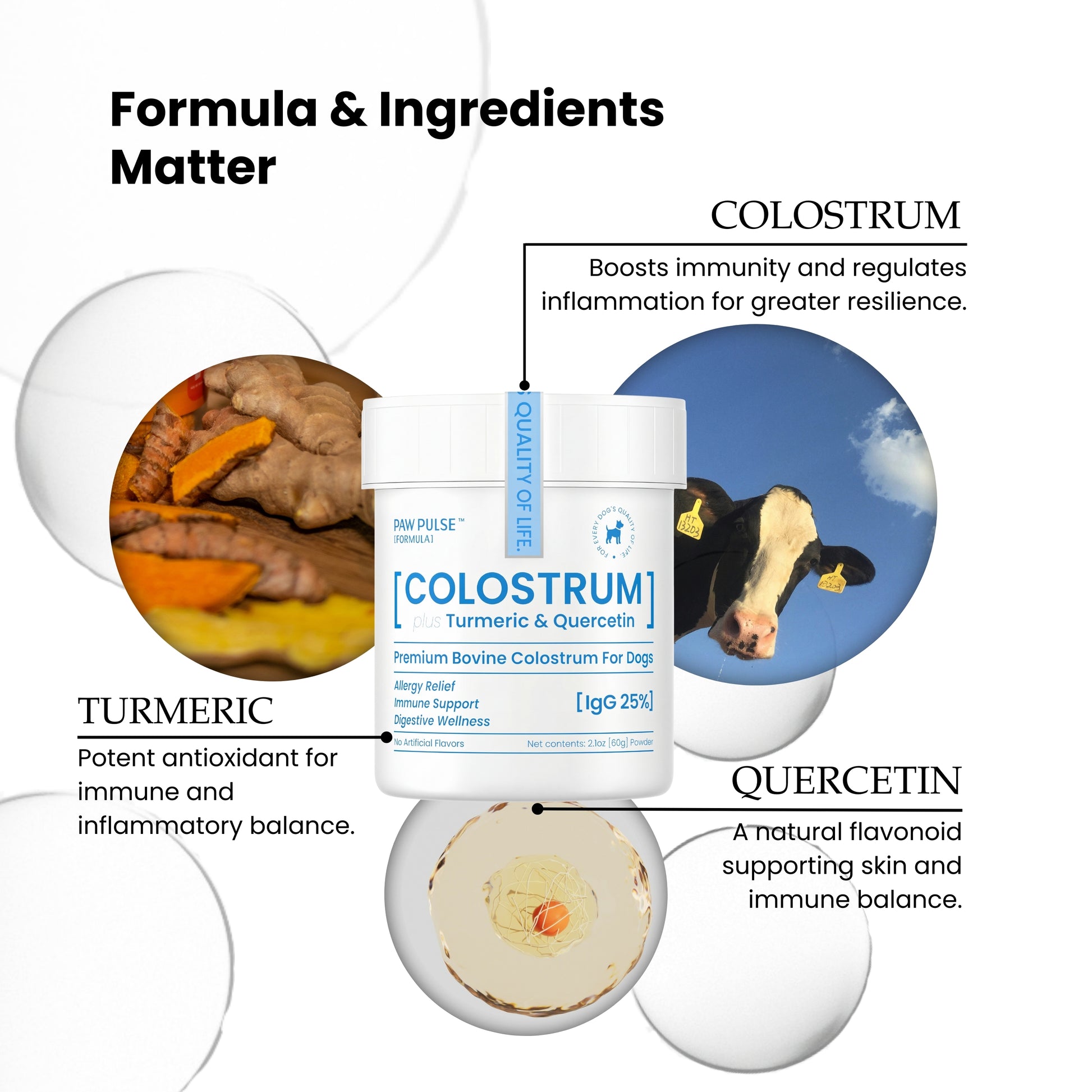 Pawpulse Formula colostrum, turmeric, and quercetin ingredients for dog allergy relief and immune support.