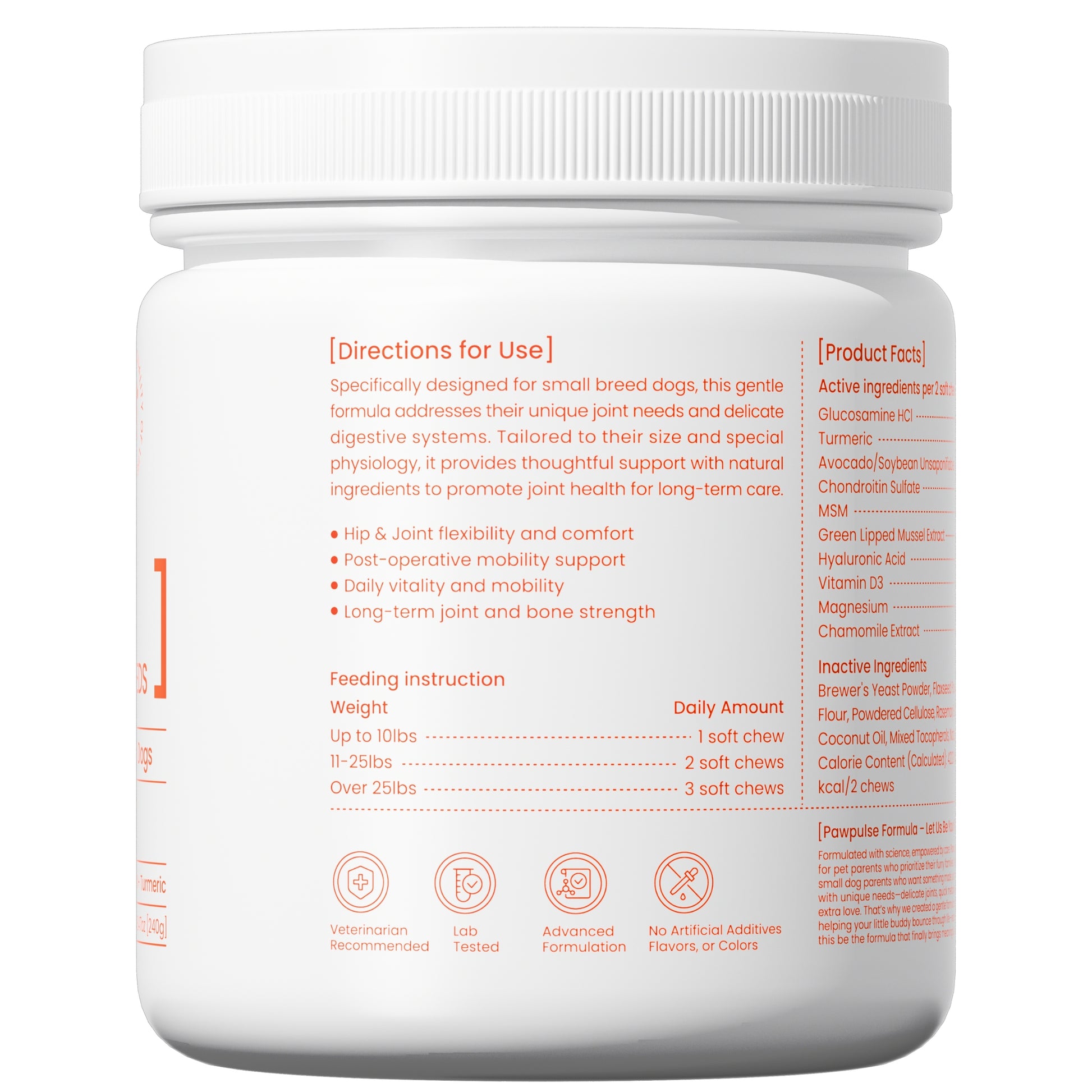 Small breed dog joint supplement instructions: dosage guide and ingredient facts for targeted hip support and daily mobility care.