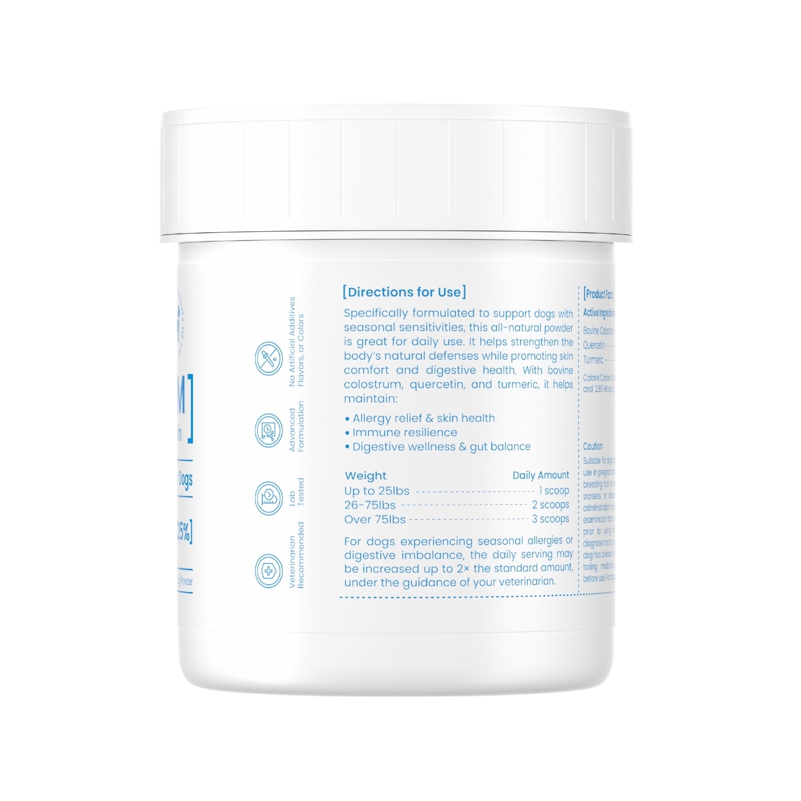 Pawpulse Formula dog allergy relief powder: bovine colostrum, quercetin, and turmeric for skin and gut health.