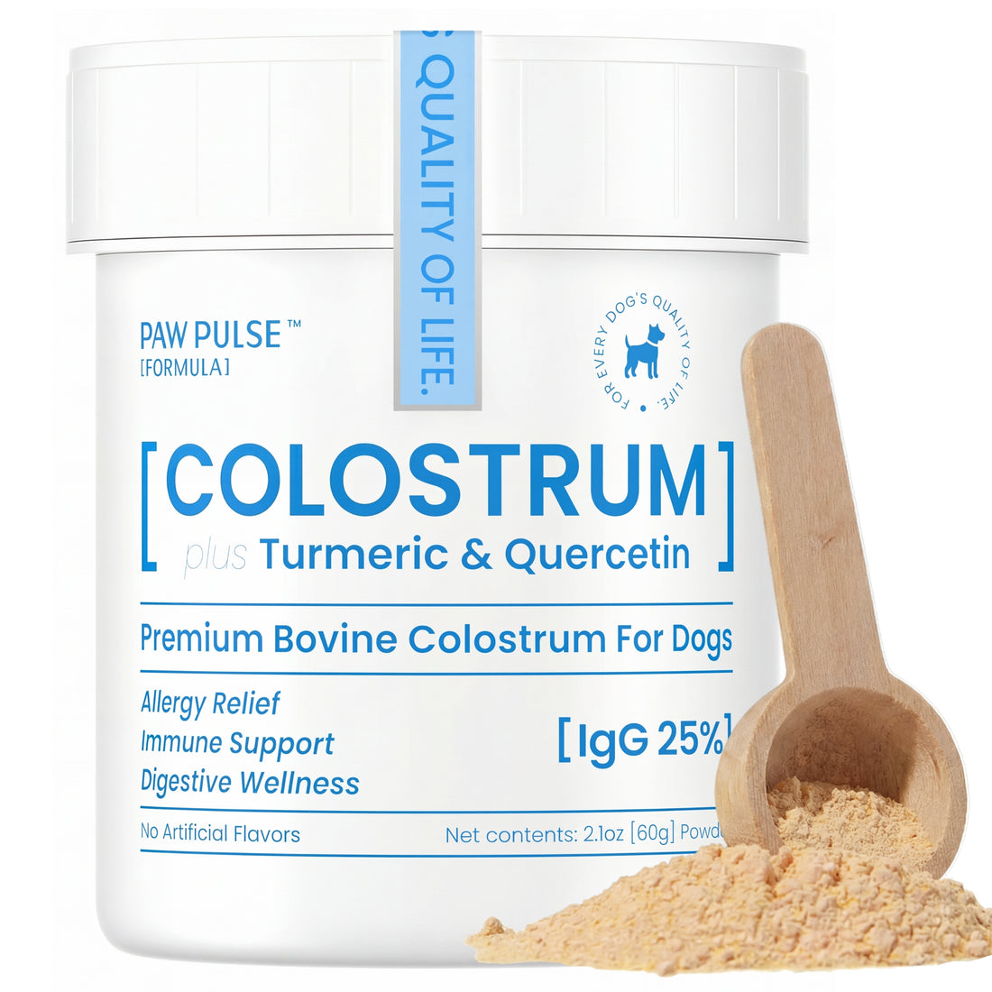 Pawpulse Formula premium bovine colostrum powder for dogs: 25% IgG with turmeric and quercetin for allergy relief.