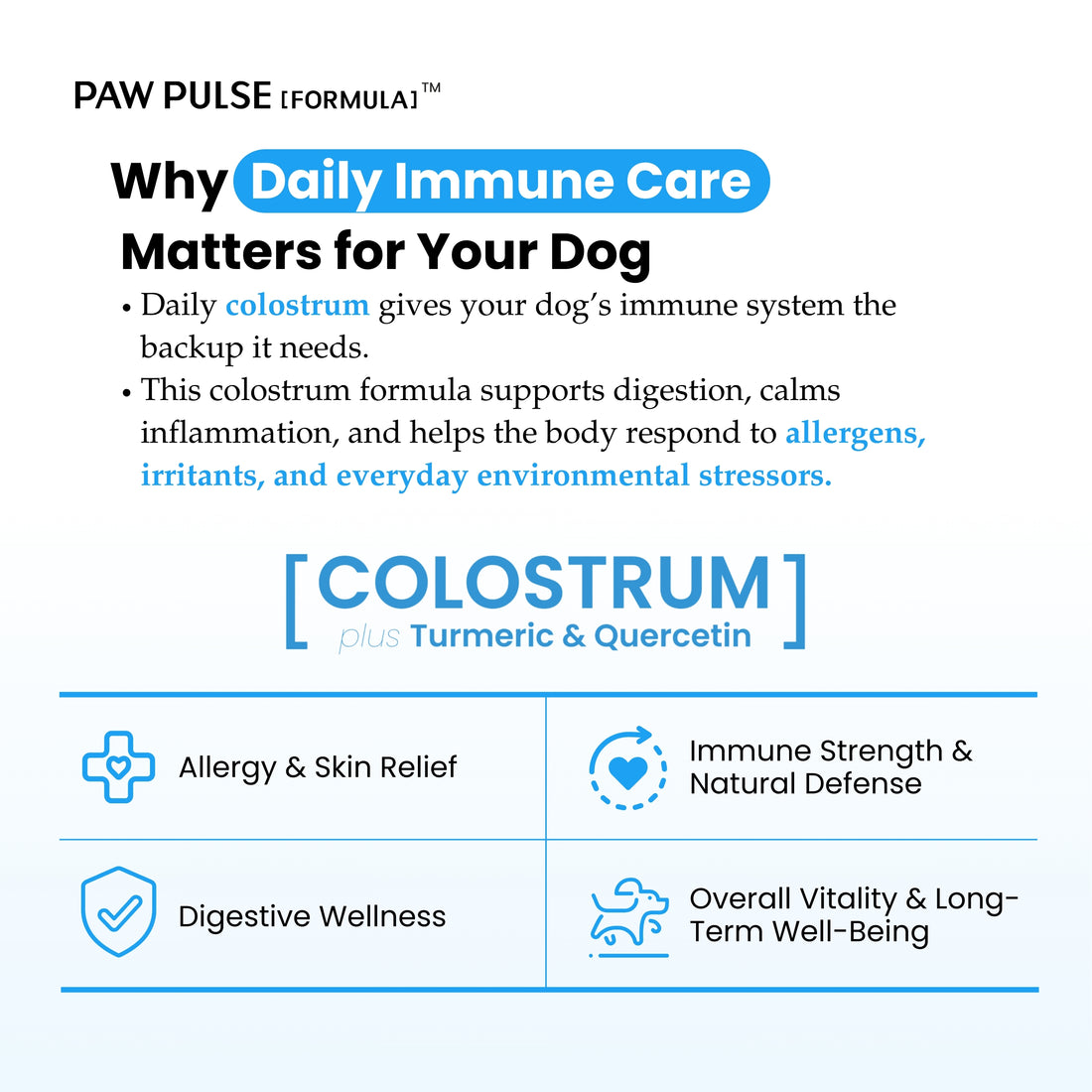 Pawpulse Formula premium bovine colostrum powder for dogs: 25% IgG with turmeric and quercetin for allergy relief.
