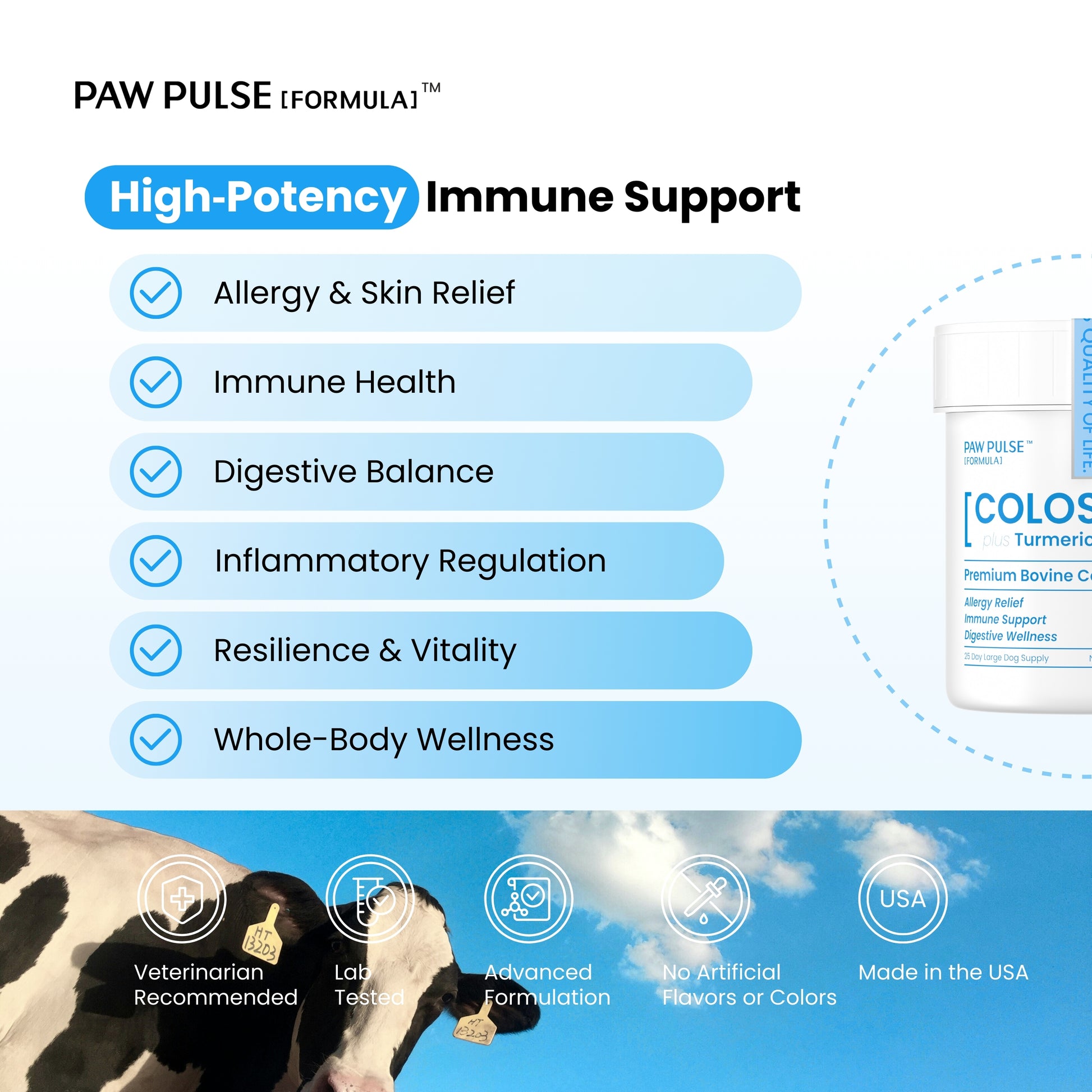 Pawpulse Formula high-potency immune support: allergy relief, skin health, and digestive balance for dogs.