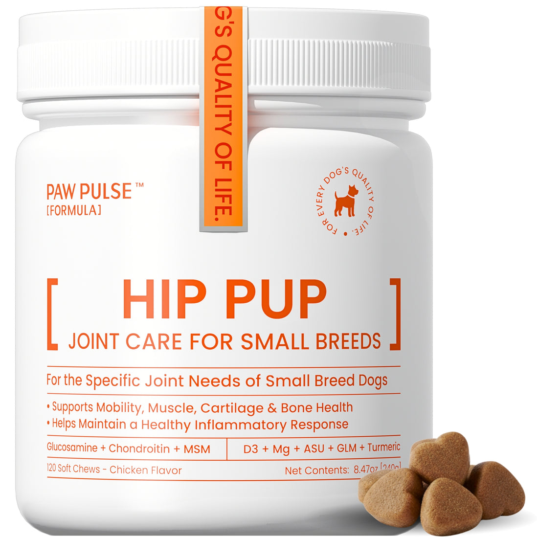 Small breed dog joint care chews: premium glucosamine, MSM, and turmeric formula for healthy mobility, muscle support, and joint inflammation relief.