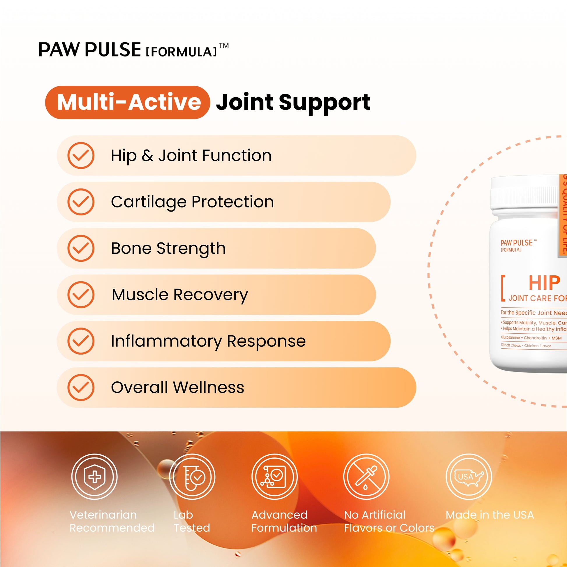 Multi-active joint supplement for dogs: veterinarian-recommended formula for hip function, cartilage protection, and inflammatory response support.