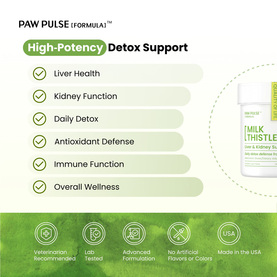 Pawpulse Formula Milk Thistle supplement for dogs, liver and kidney support powder with glutathione, broccoli sprout, and dandelion root.